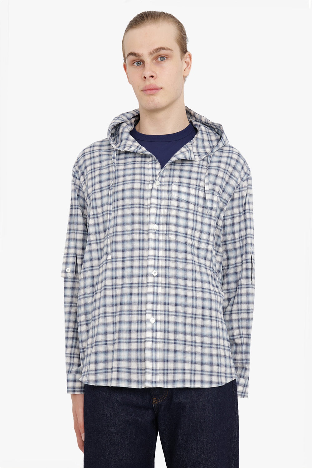 AFTER PRAY OVERSIZED CHECK HOODY SHIRTS | LIGHT BLUE