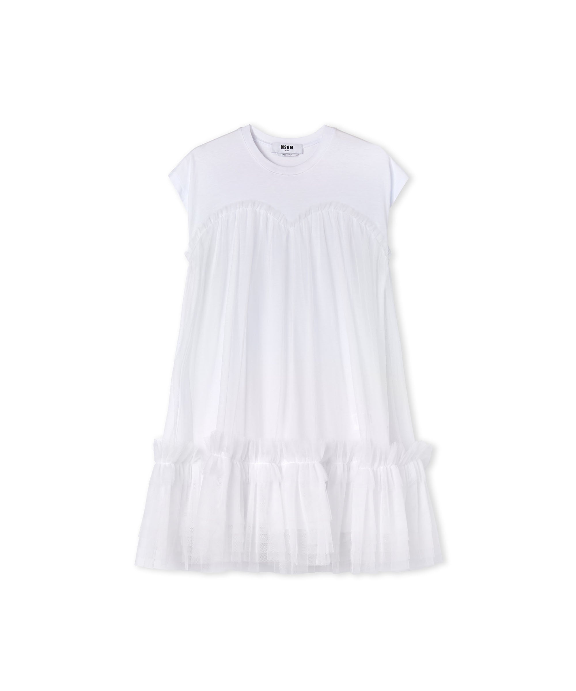 Short-sleeve cotton mini dress with tulle details - 2