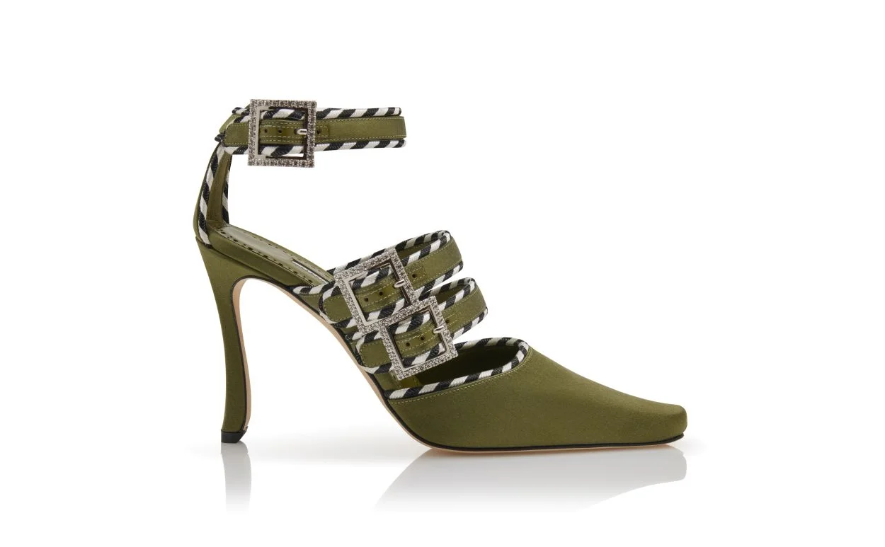 Khaki Satin Crystal Buckle Ankle Strap Pumps - 1