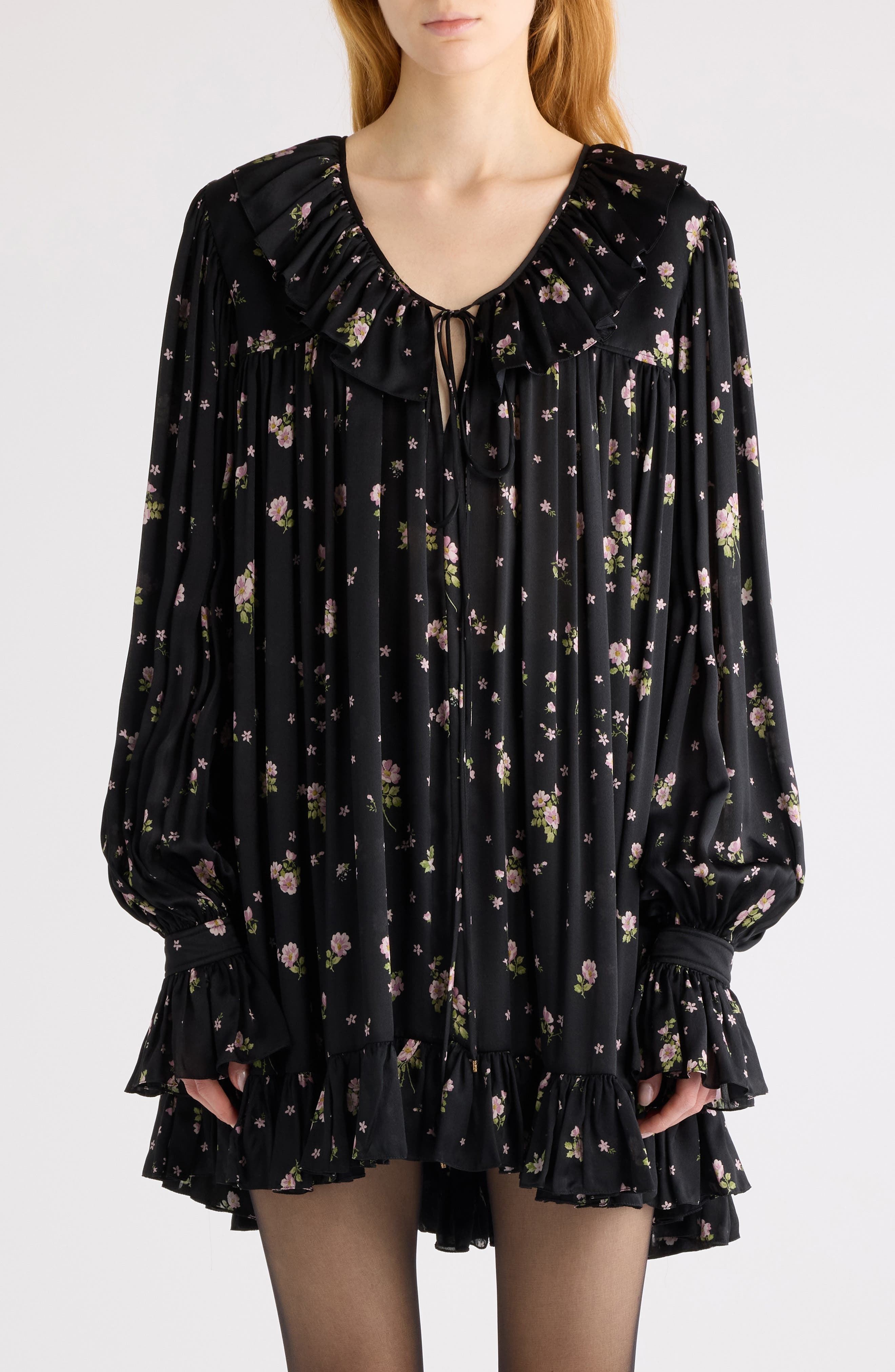 Chloé Liberty Print Long Sleve Silk Charmeuse Minidress in Black at Nordstrom - 4