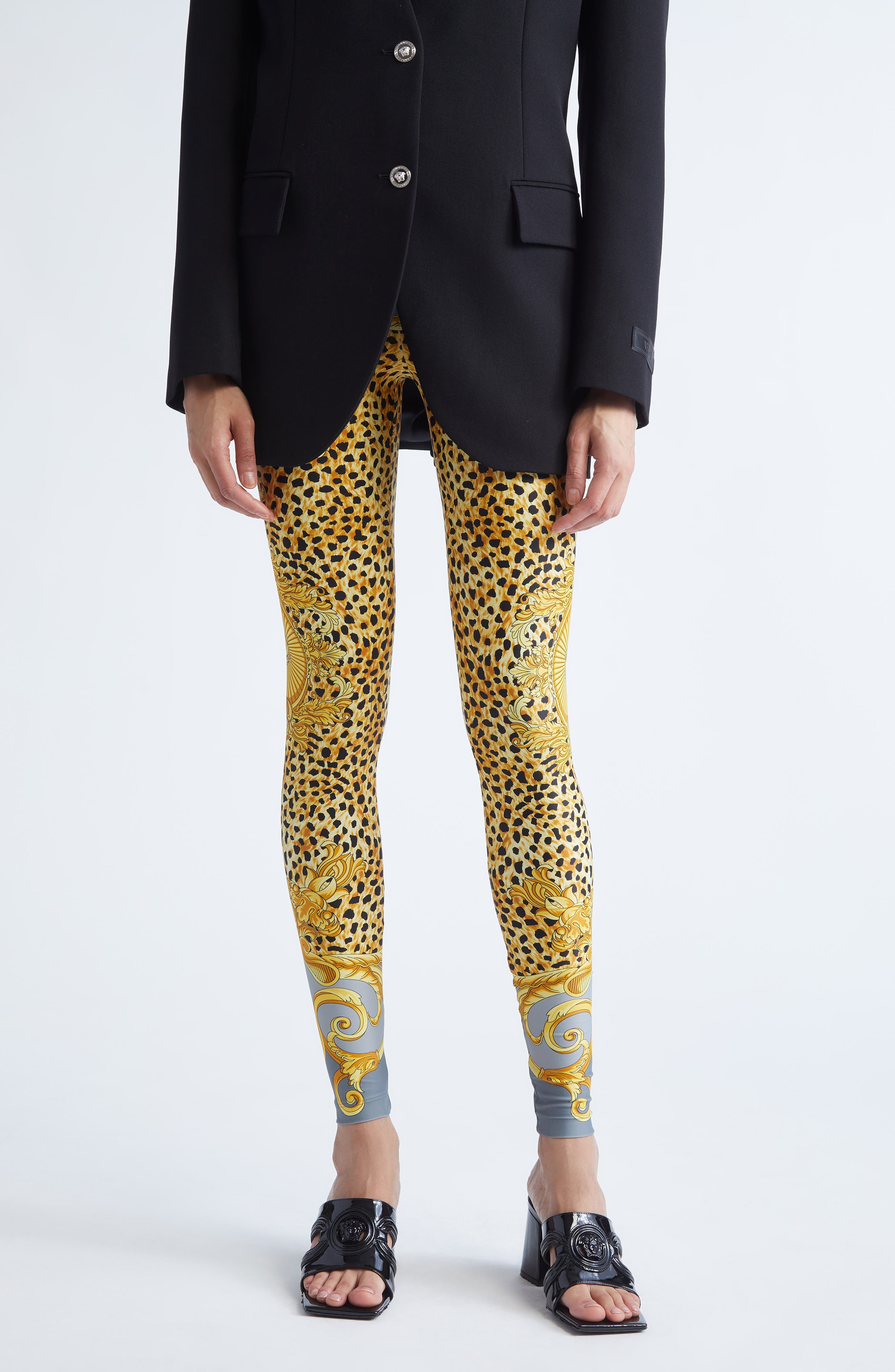 Versace Cheetah Foulard Print Leggings in Light Grey Elephant Grey at Nordstrom - 1