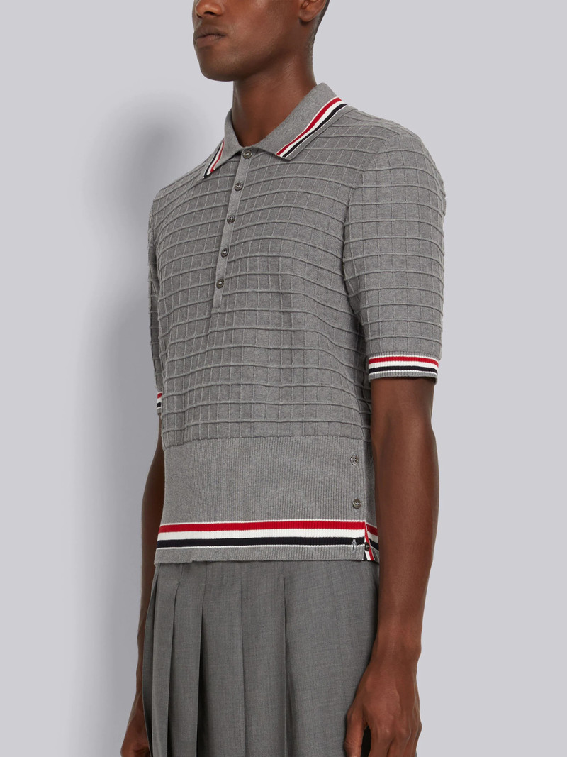 Thom Browne Light Grey Cotton Grid Effect Stripe Trim Short Sleeve Polo outlook