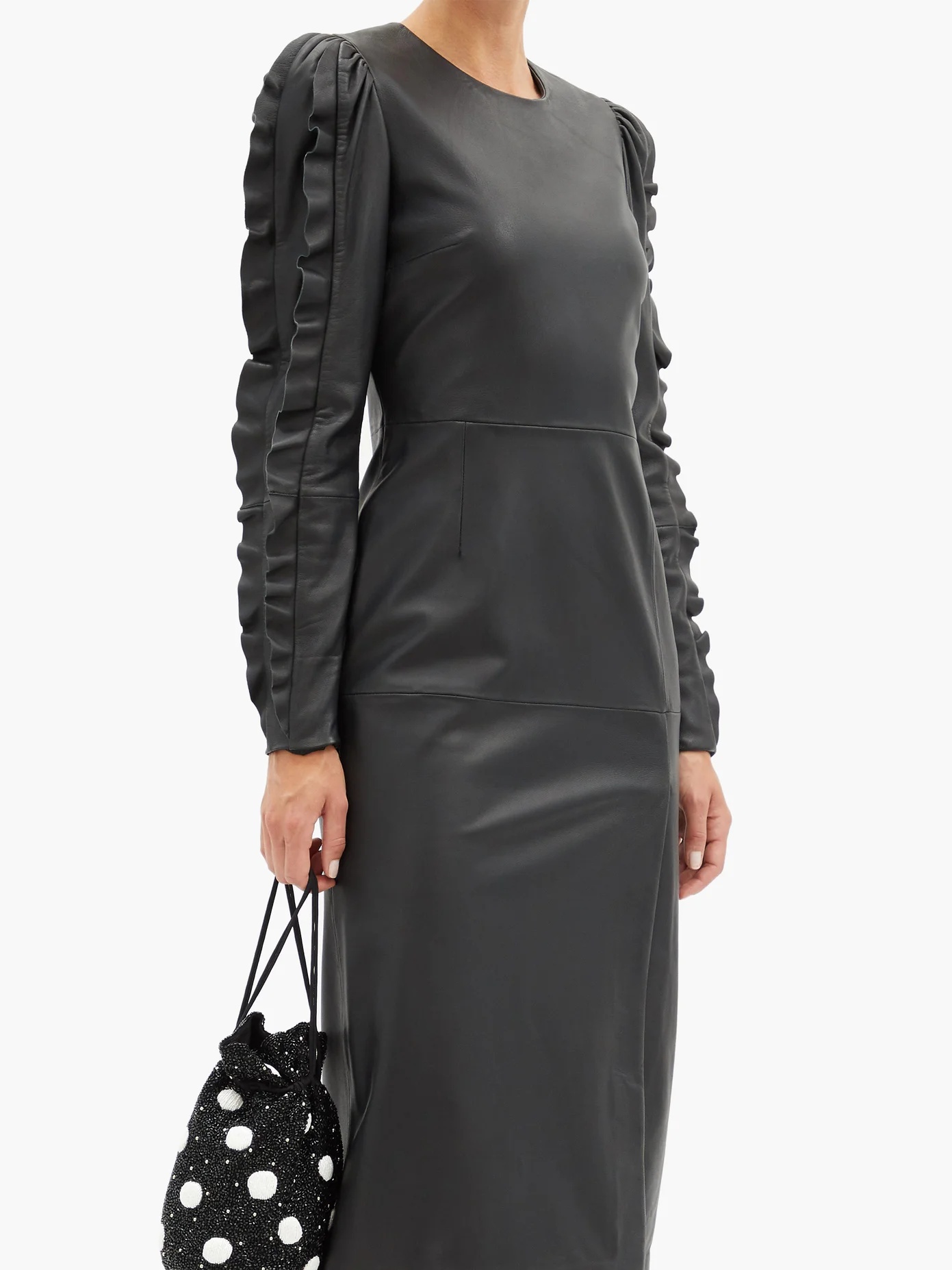 Ruffled-sleeve leather dress - 6