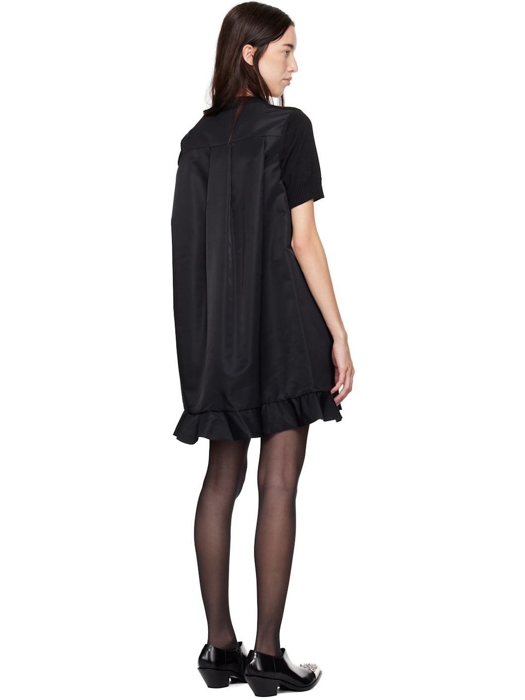 Black Nylon Twill & Knit Minidress - 3