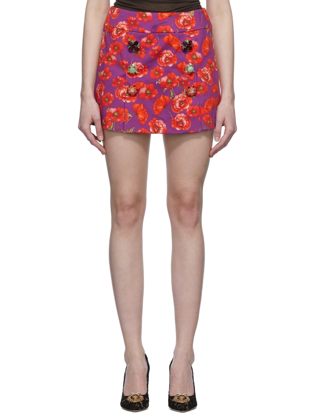 Purple Poppy Print Drill Miniskirt - 1