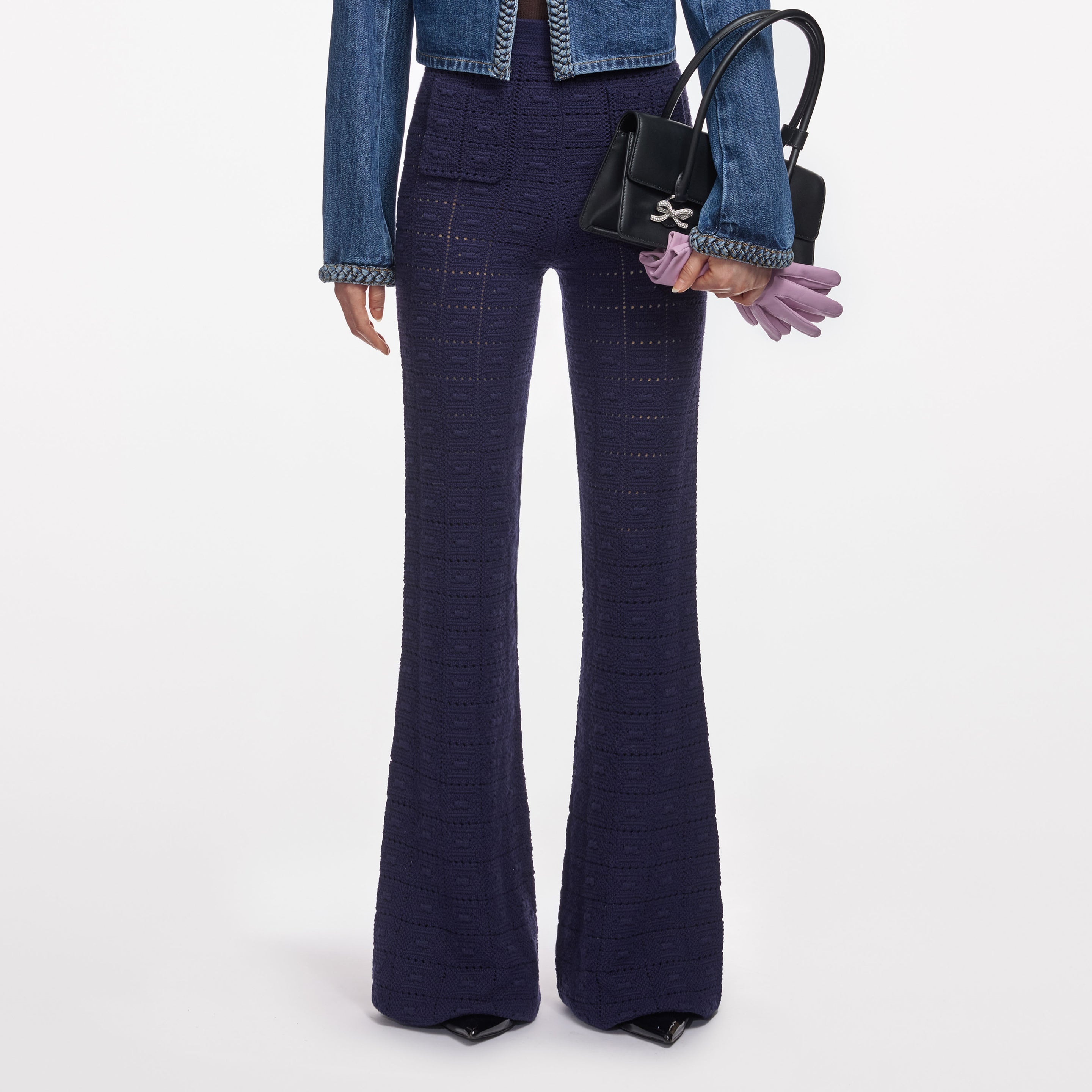 Navy Pointelle Knit Trousers - 4
