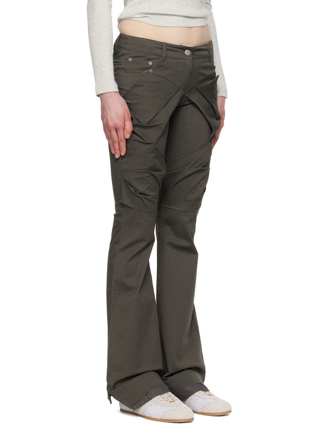Khaki Gathered Bootcut Trousers - 2