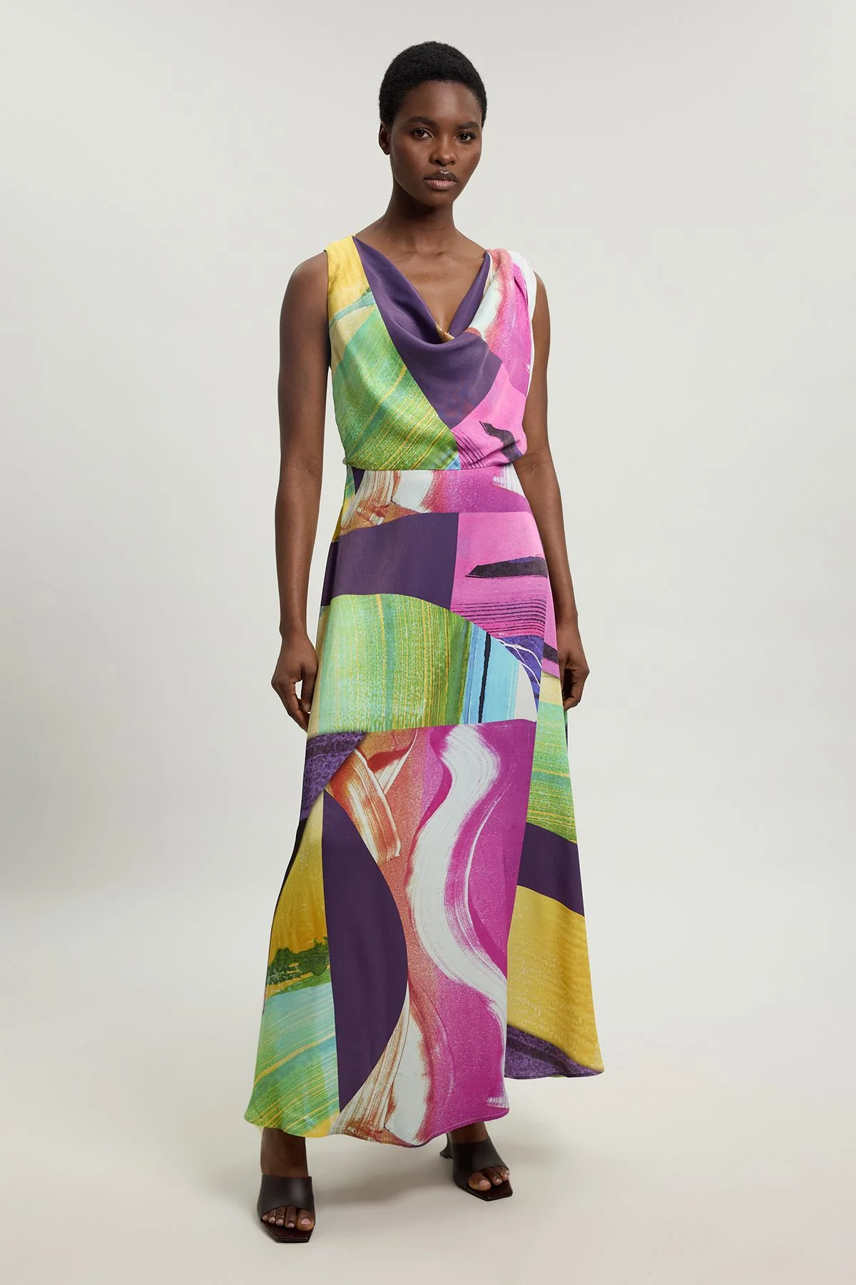 Pink Abstract Twist Shoulder Satin Viscose Midi Dress - 1
