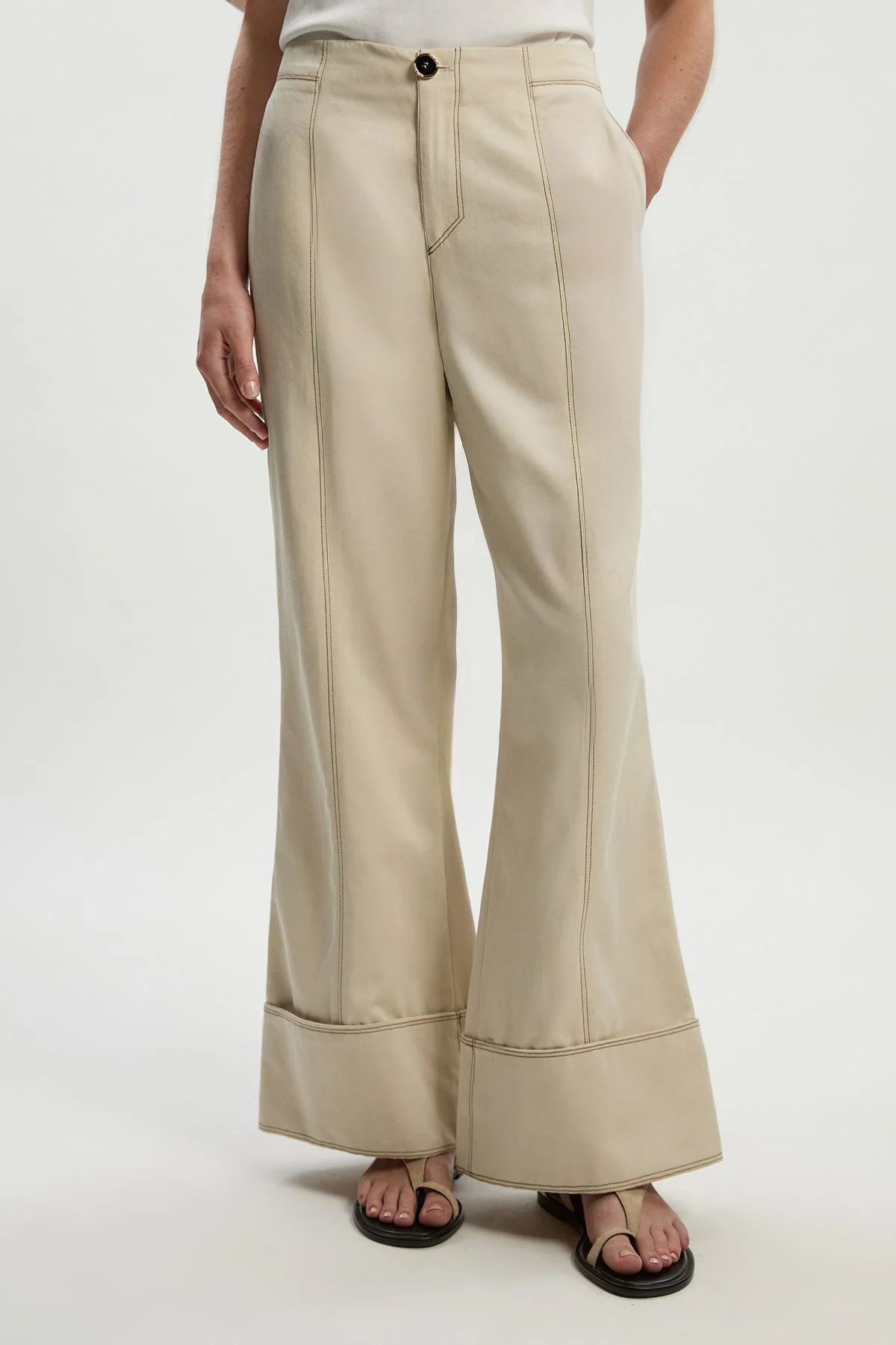 Petite Tencel Cotton Contrast Stitch Woven Straight Leg Trouser - 1