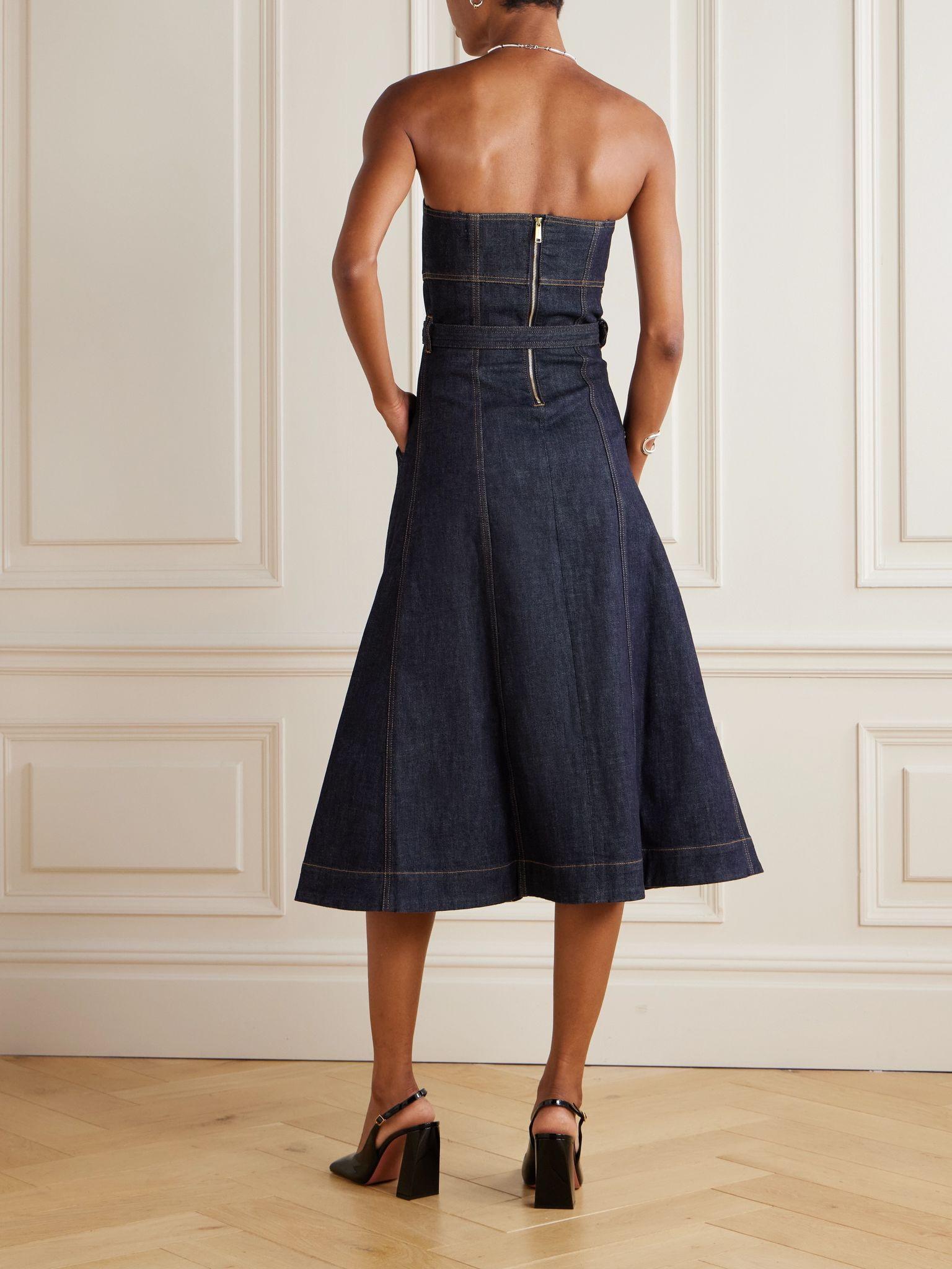 Strapless belted paneled denim midi dress Blue - 3