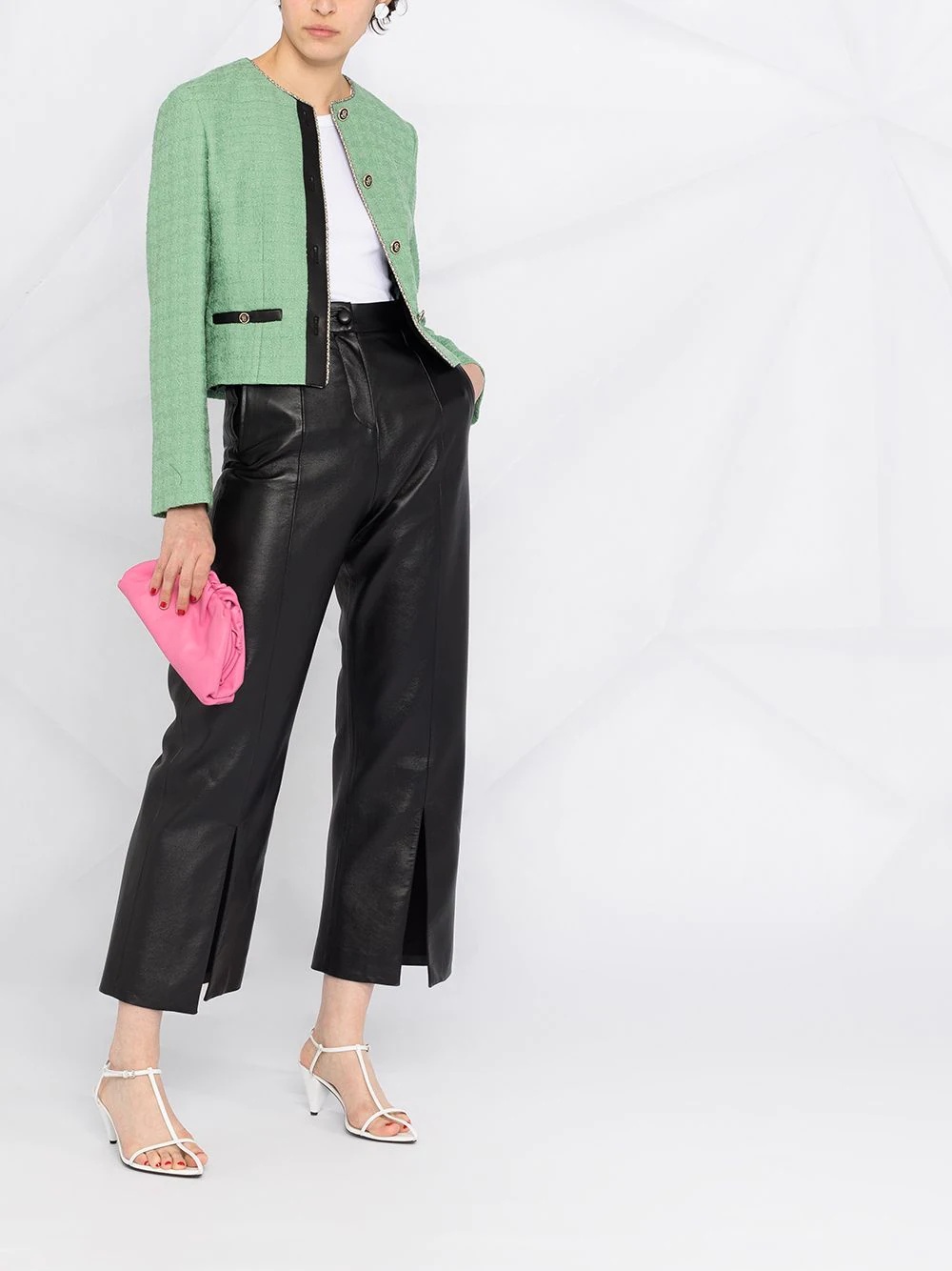 leather-trim tweed jacket - 2