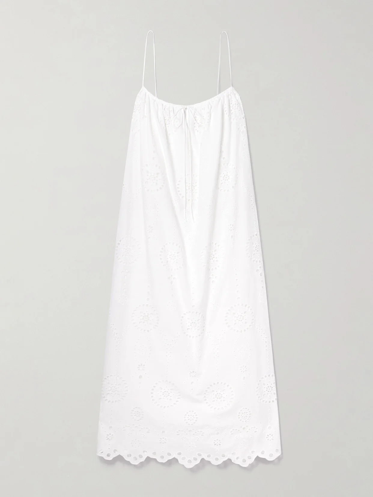 Tie-detailed Scalloped Broderie Anglaise Cotton Midi Dress - 1