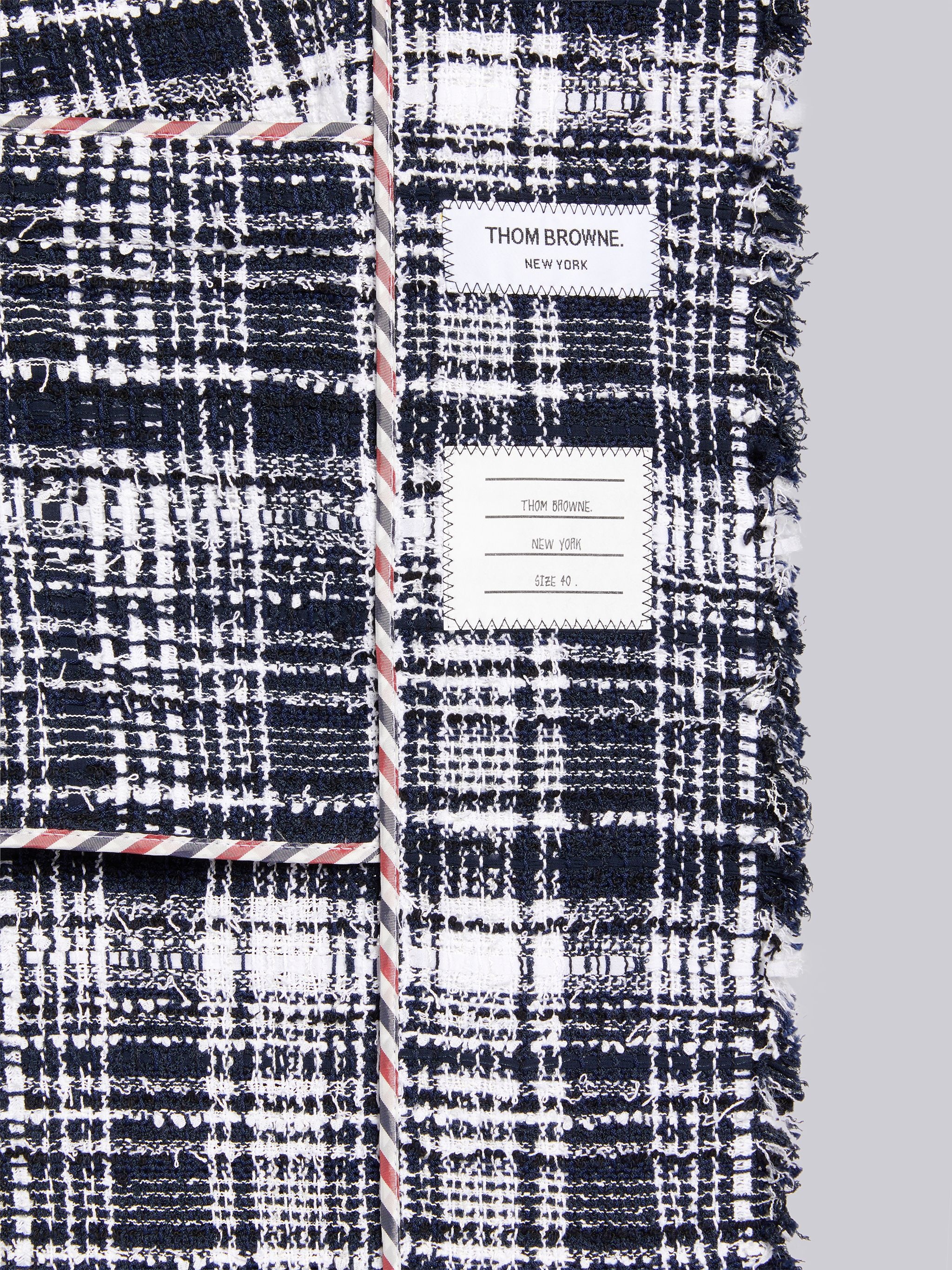Navy Hairline Madras Ribbon Tweed Frayed Unconstructed Short Sleeve Unconstructed Cardigan Overcoat - 6
