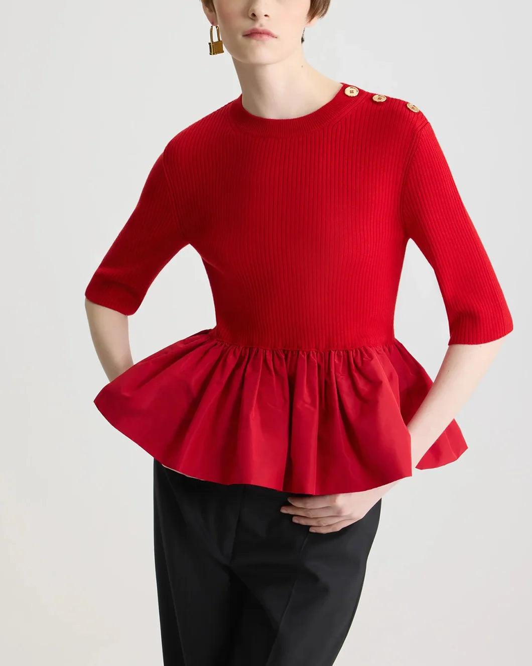 RUFFLE HEM RIBBED JUMPER IN WOOL AND FAILLE - 4