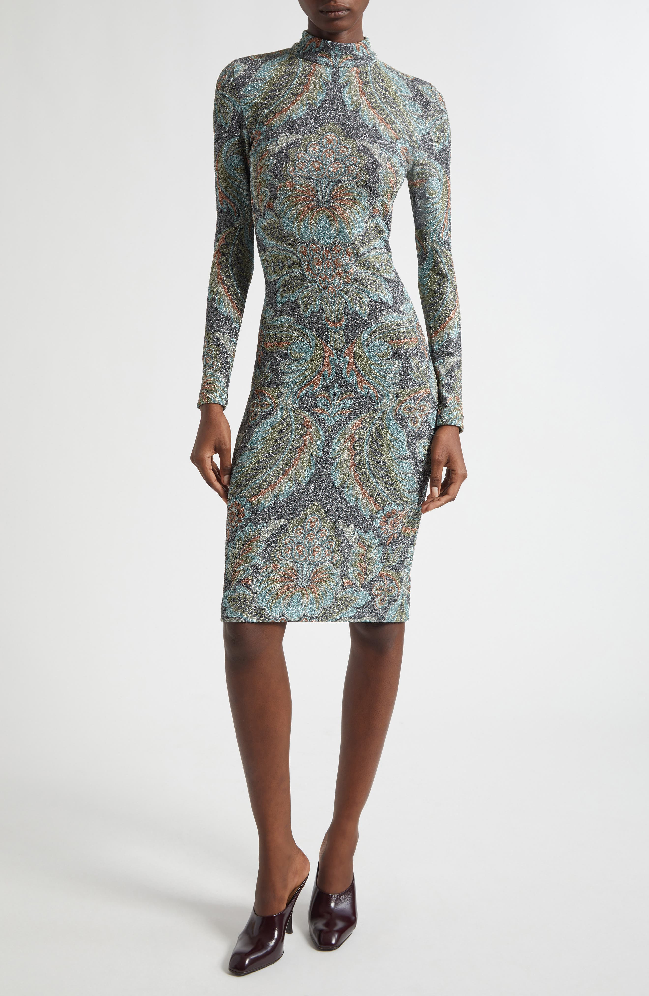 Etro Paisley Metallic Long Sleeve Body-Con Dress in Printed Black Base at Nordstrom - 1