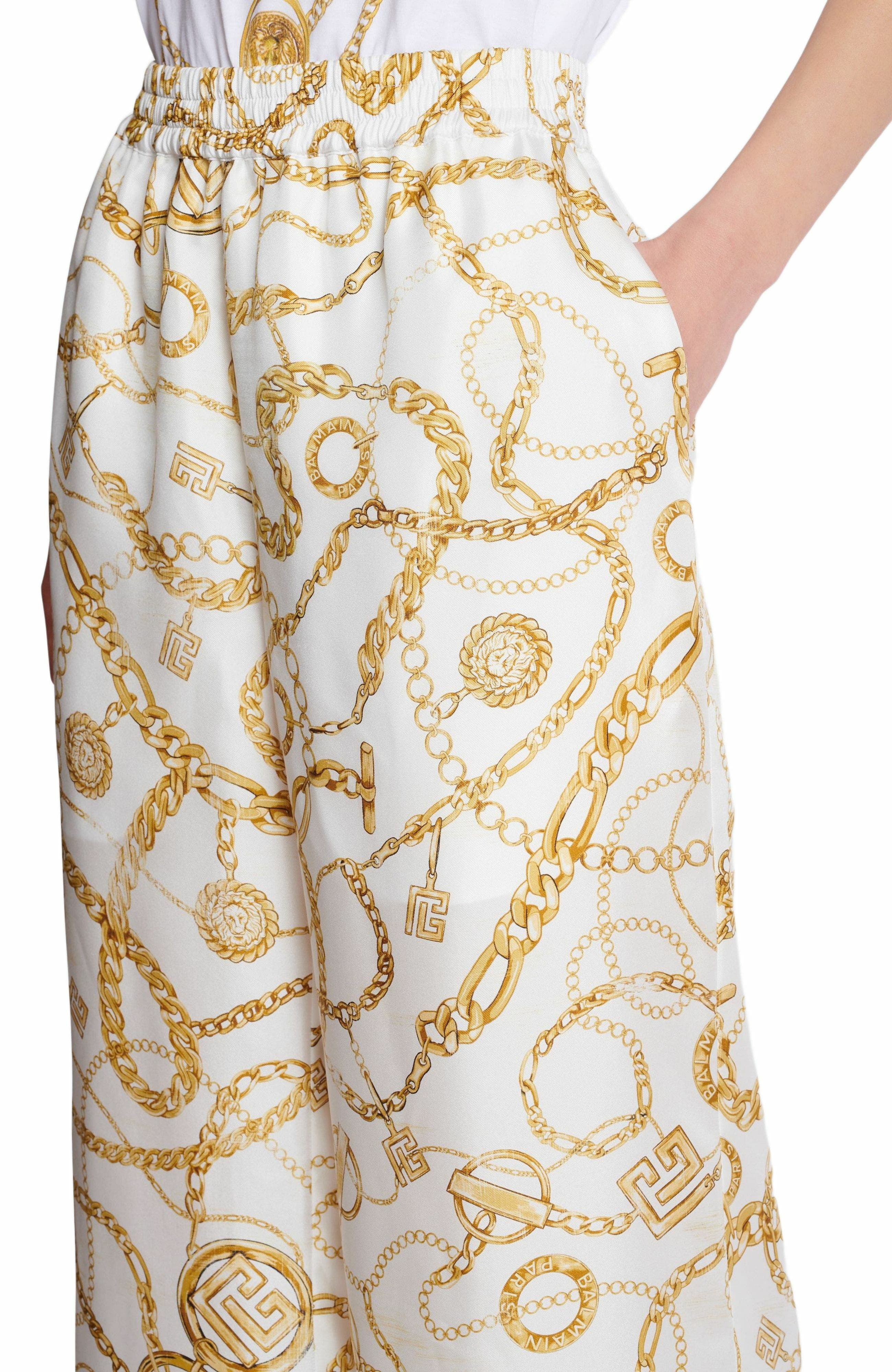 Flowing printed silk trousers with Balmain Chains pattern in Gold at Nordstrom - 4