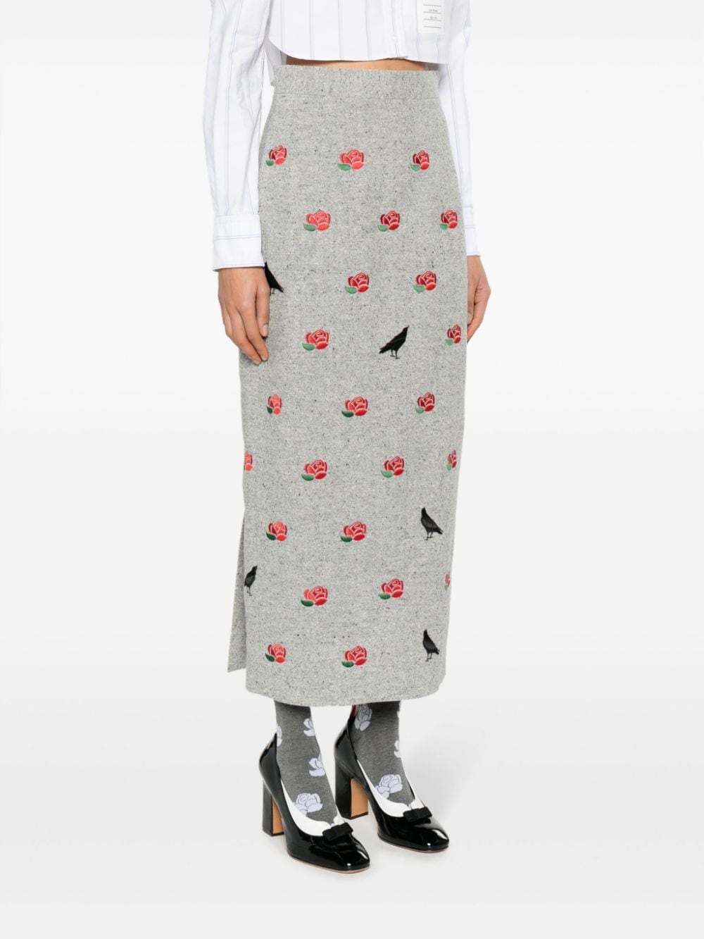 rose-embroidered wool pencil skirt - 3