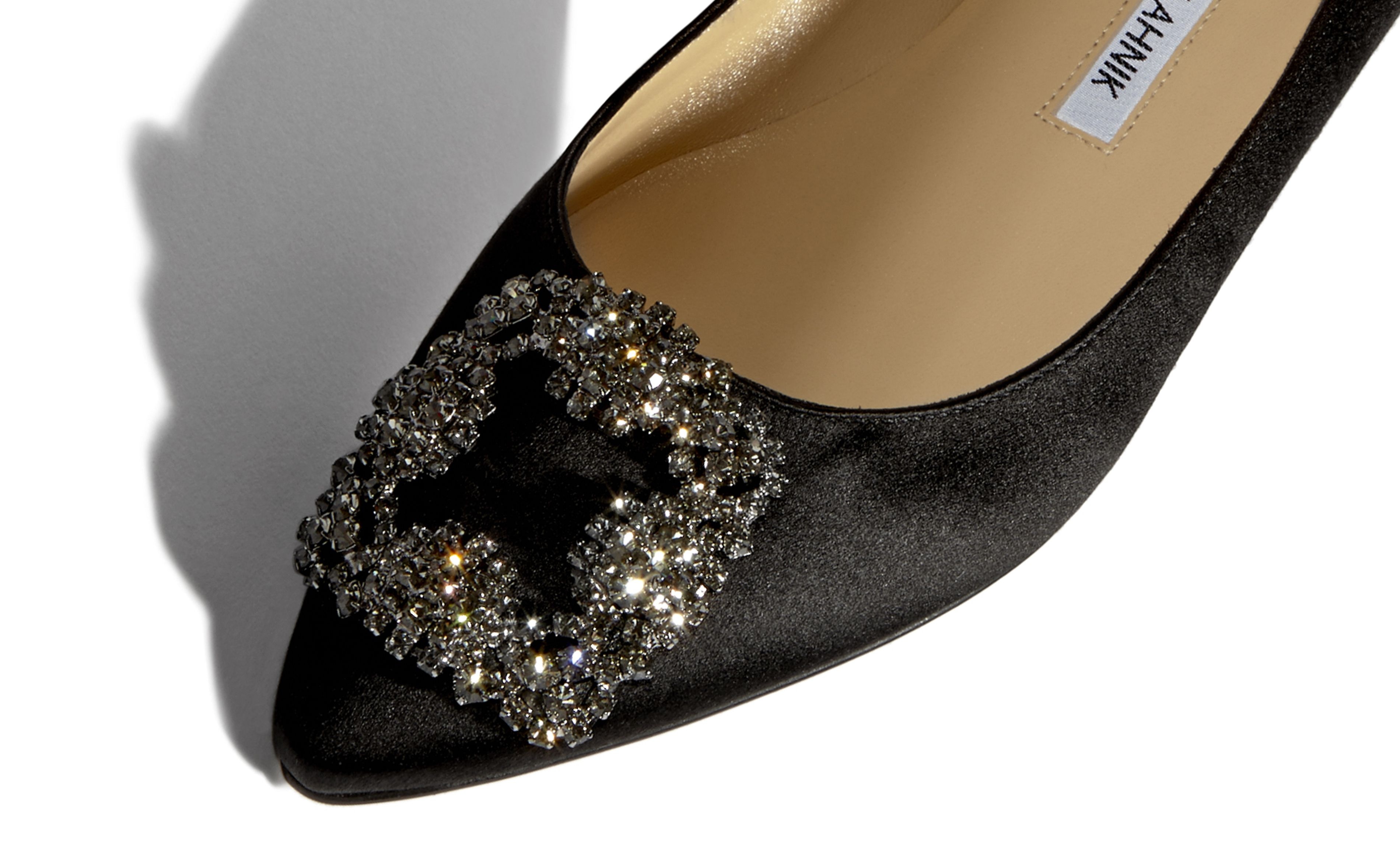 Black Satin Jewel Buckle Flat Shoes - 4