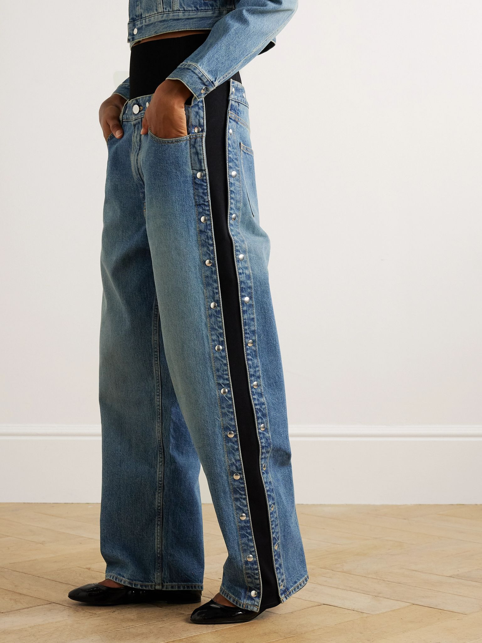 Studded jersey-trimmed high-rise wide-leg jeans Blue - 3