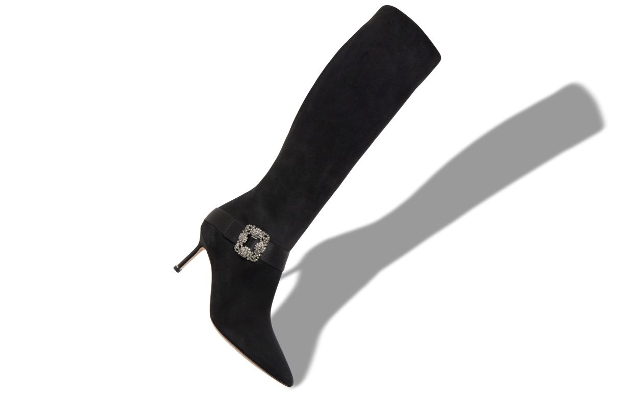 Black Suede Jewel Buckle Knee High Boots - 2