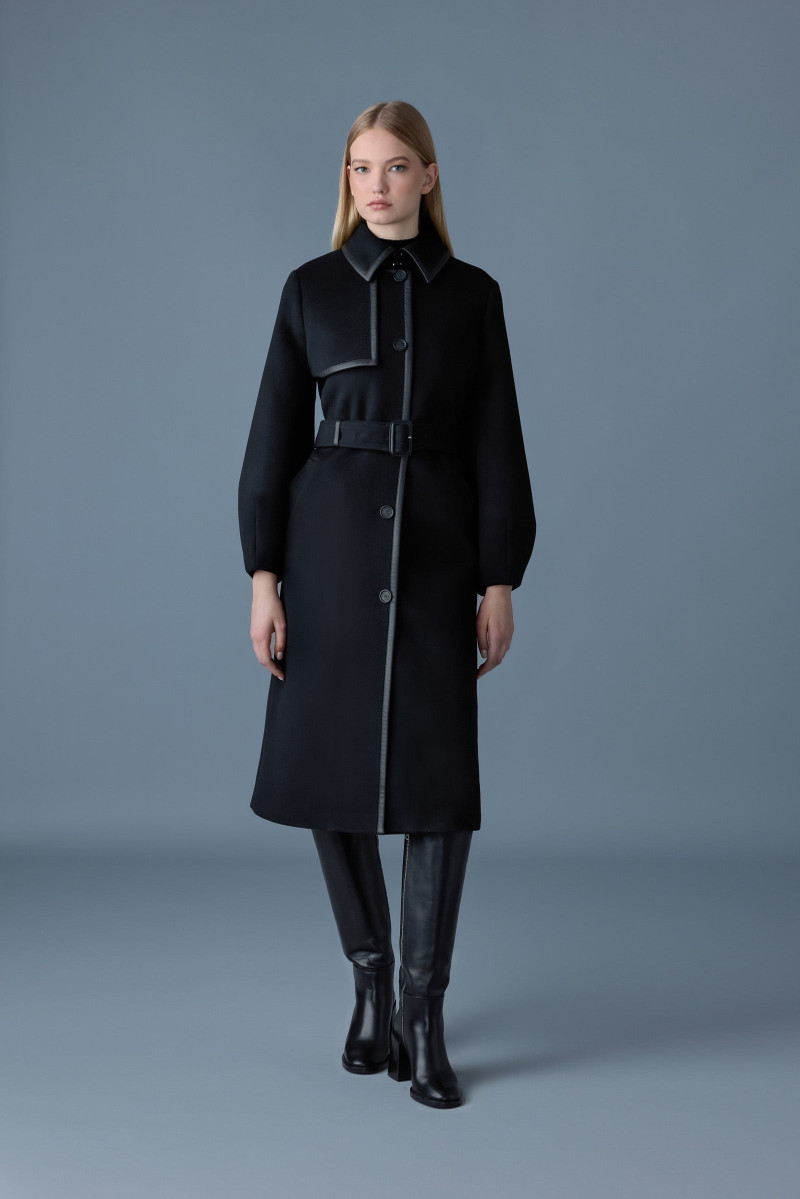 ZEVA Long wool balloon sleeve trench with leather detail 1