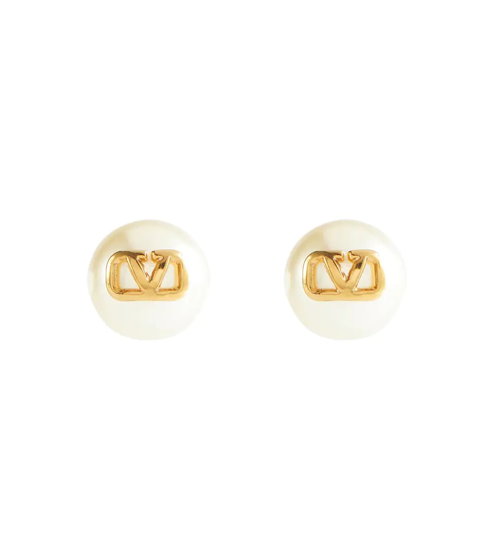 V Logo Faux Pearl Earrings in Gold - Valentino