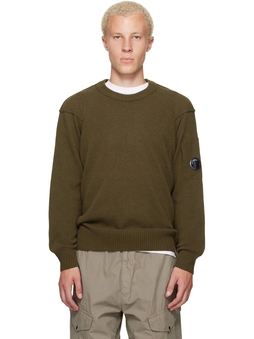 Khaki Lambswool Lens Crewneck Contrast Sweater - 1