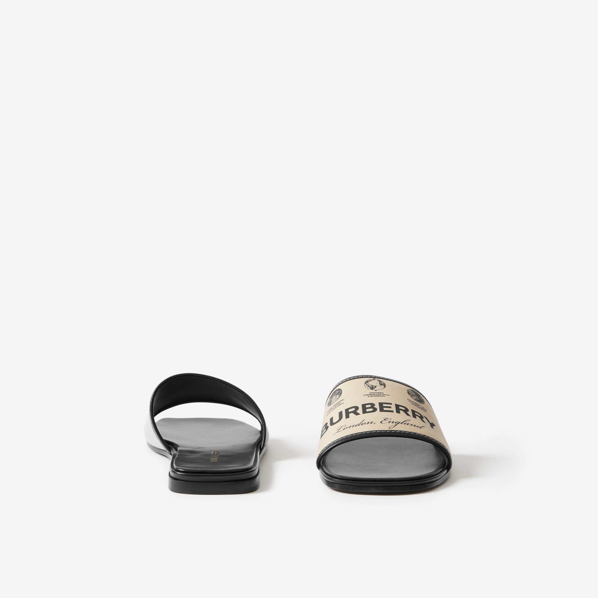 【BURBERRY】GABARDINE AND LEATHER SLIDES Burberry Label Print Gabardine and Leather Slides | REVERSIBLE