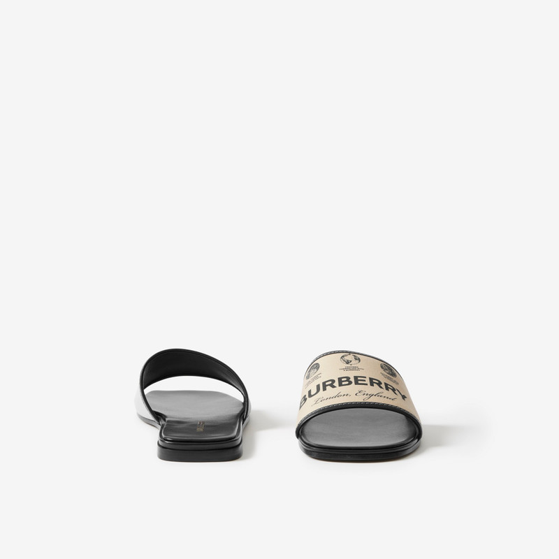 Label Print Gabardine and Leather Slides 4