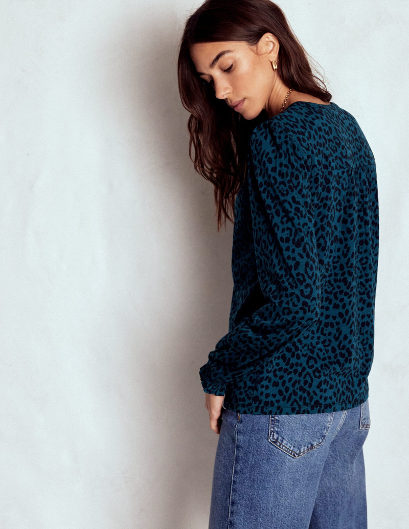 Elsa Smocked Yoke Jersey Shirt-Teal Leopard 4