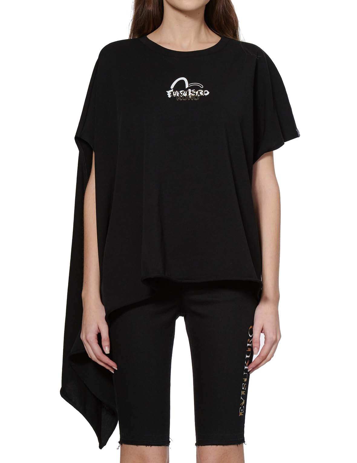 Slogan Print Asymmetric Sleeve T-shirt - 3