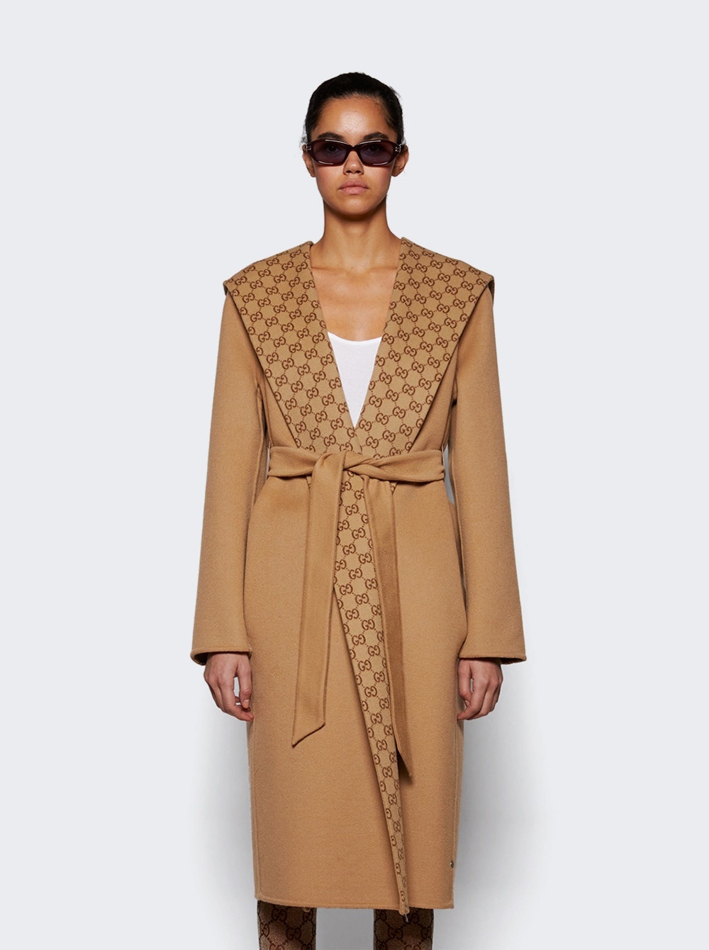 Reversible Gg Silk Wool Blend Coat Camel - 3