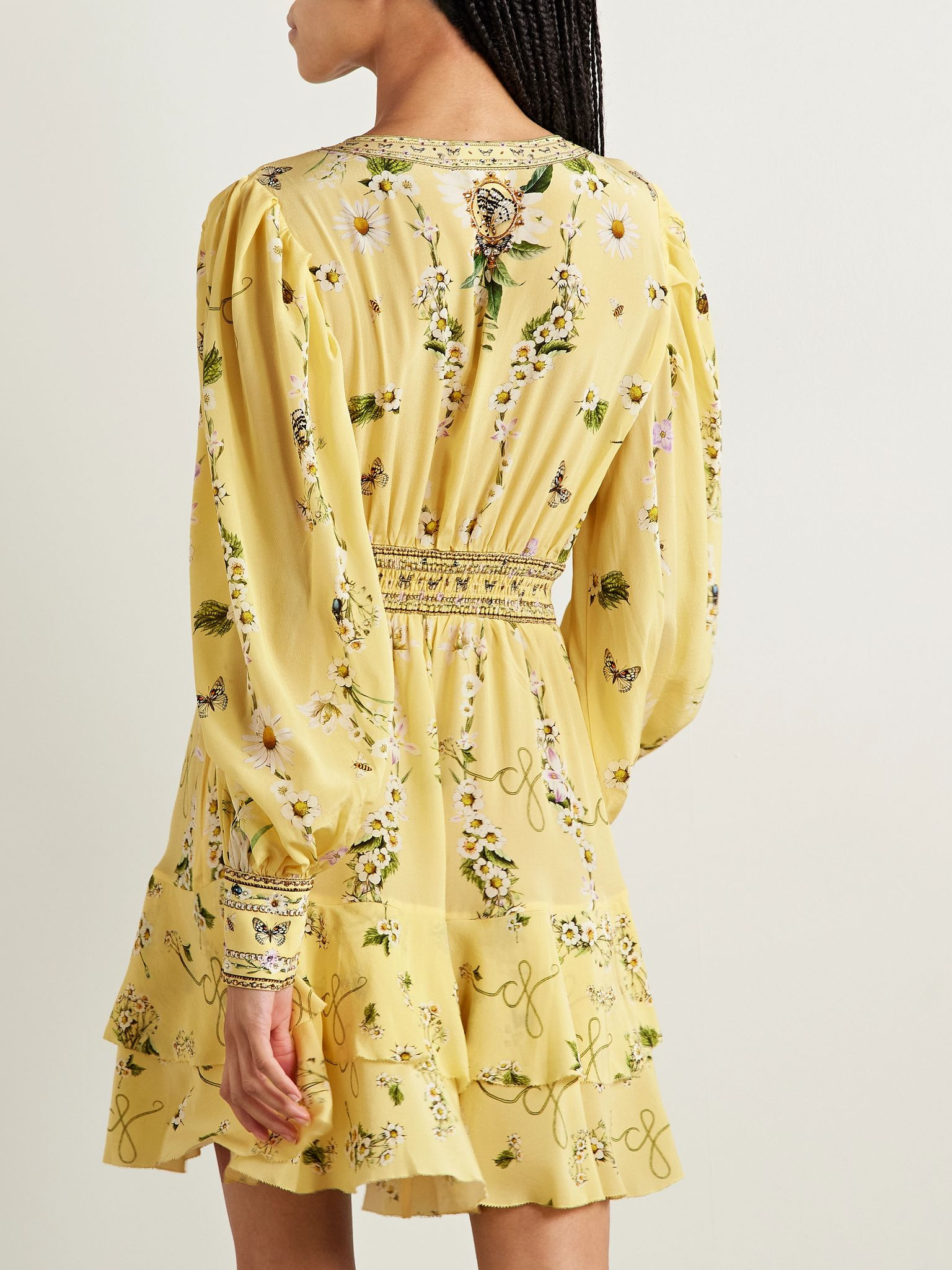 Crystal-embellished printed silk crepe de chine mini dress Yellow - 3