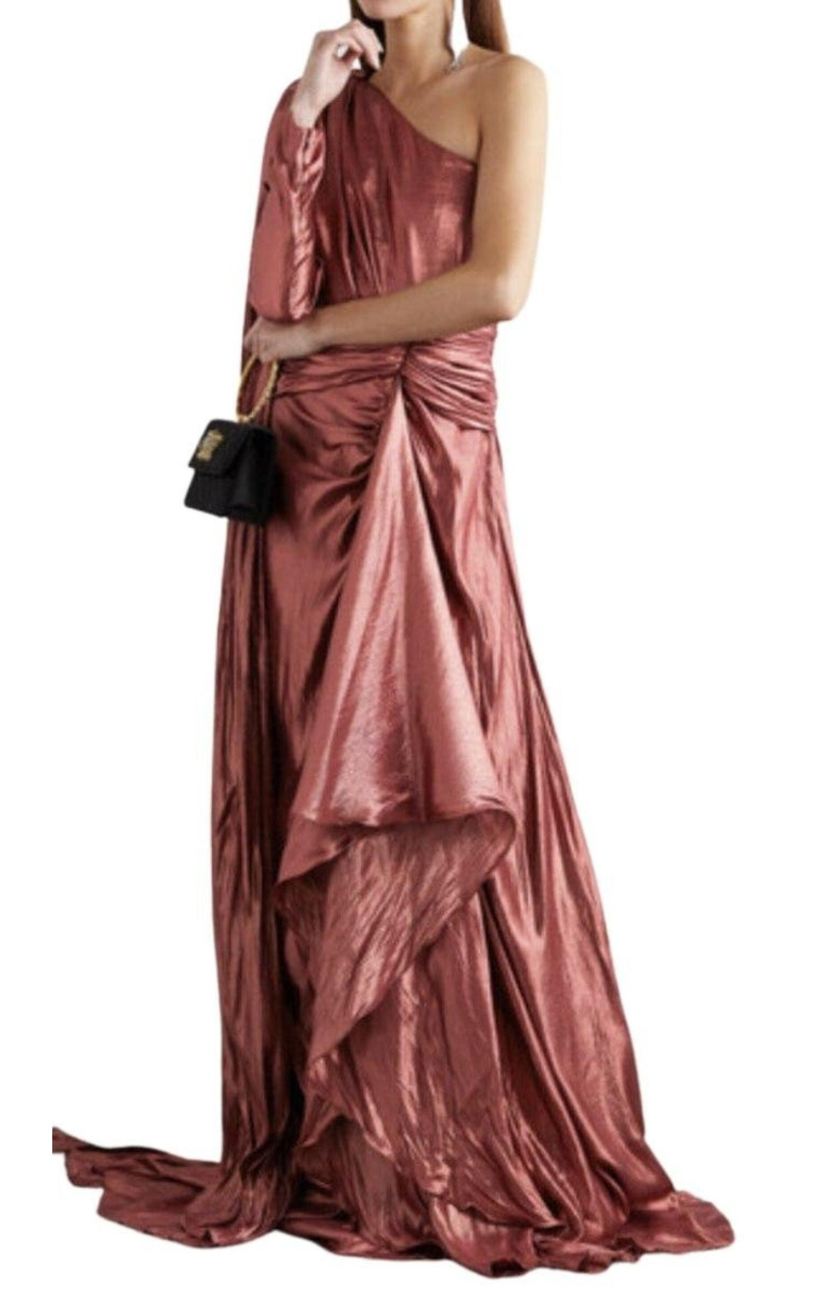 One Shoulder Asymmetric Lame Gown - 2