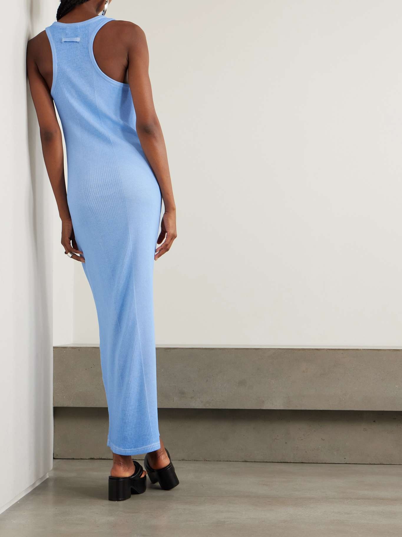 Paneled buckled ribbed cotton-jersey maxi dress Blue - 3