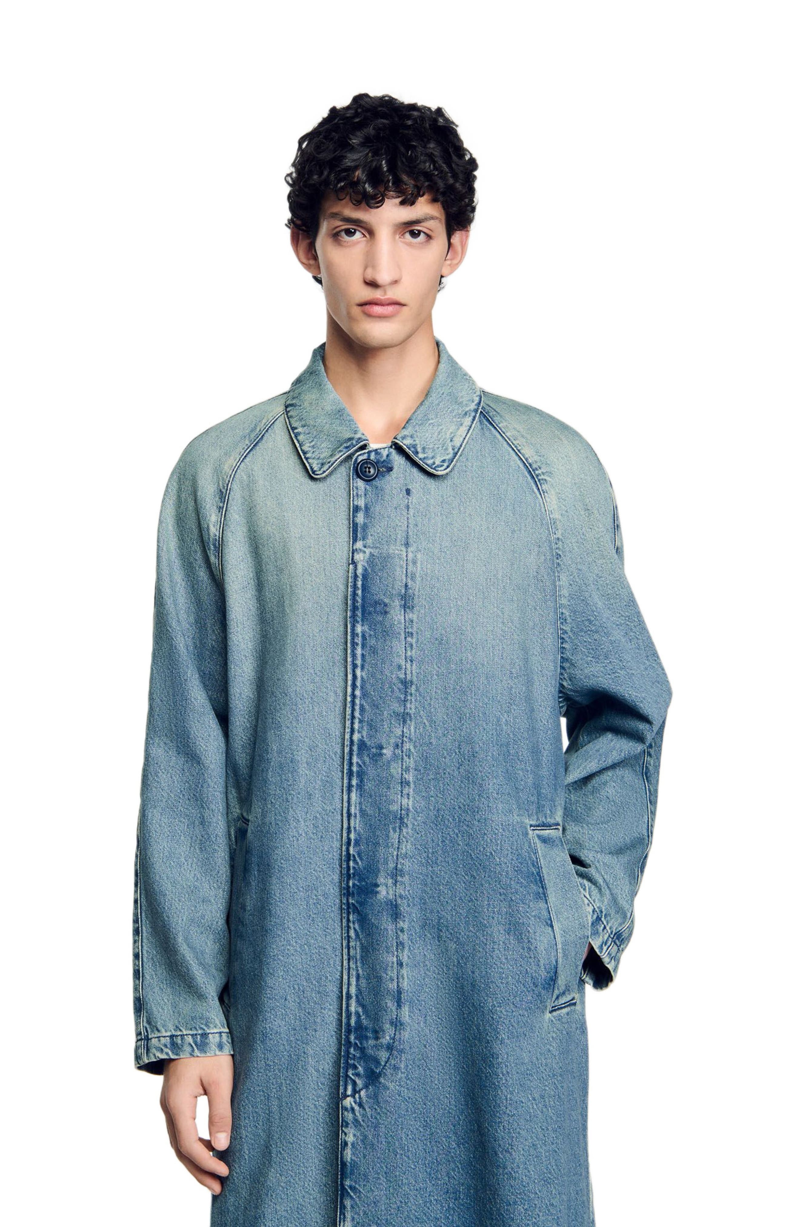 SANDRO Long faded denim coat in Blue Vintage - 3