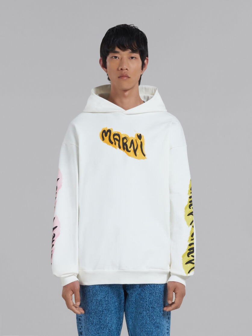 WHITE BIO COTTON HOODIE WITH GRAFFITI PRINTS - 2
