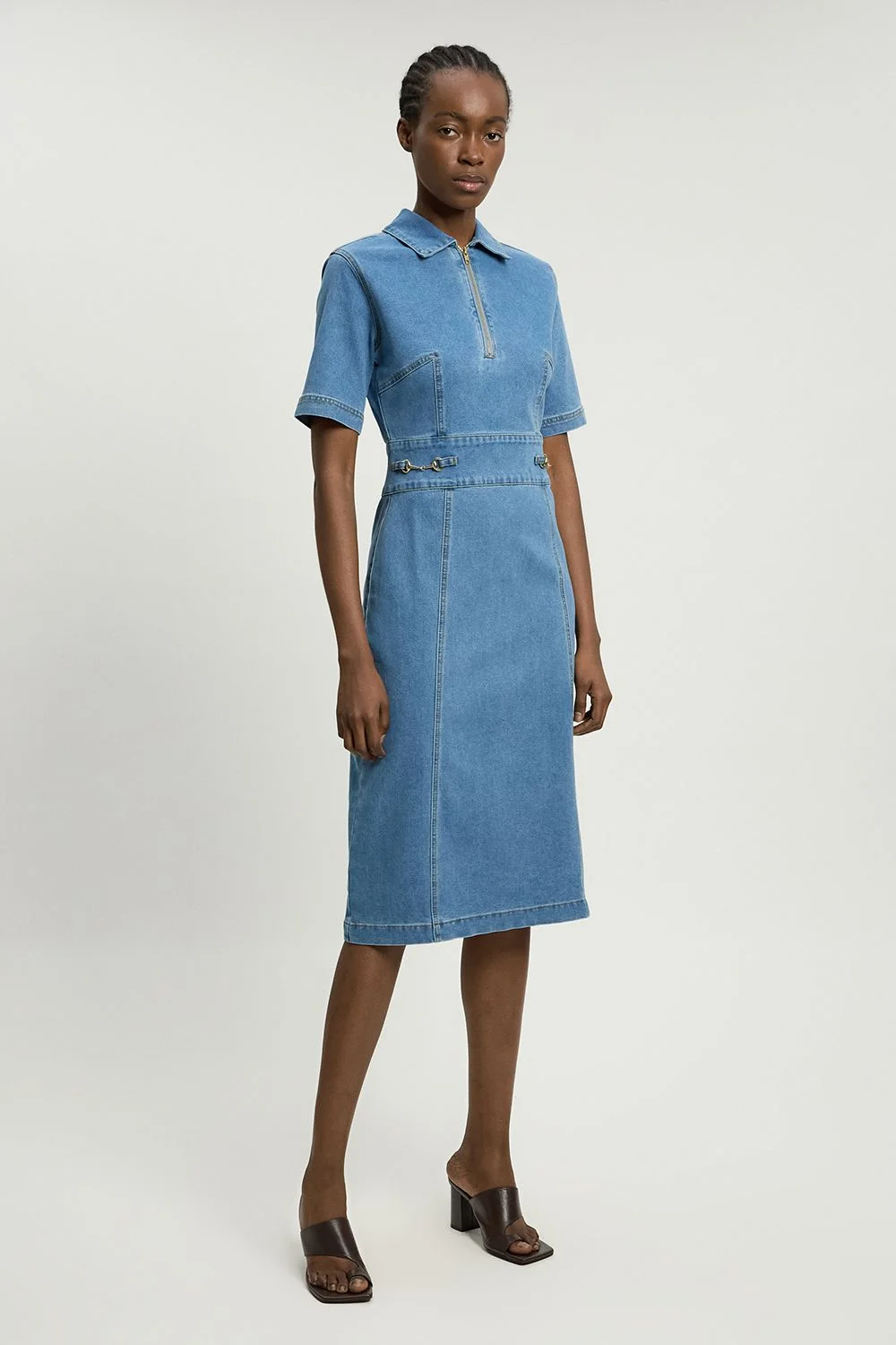 Stretch Denim Snaffle Trim Collared Midi Dress - 1