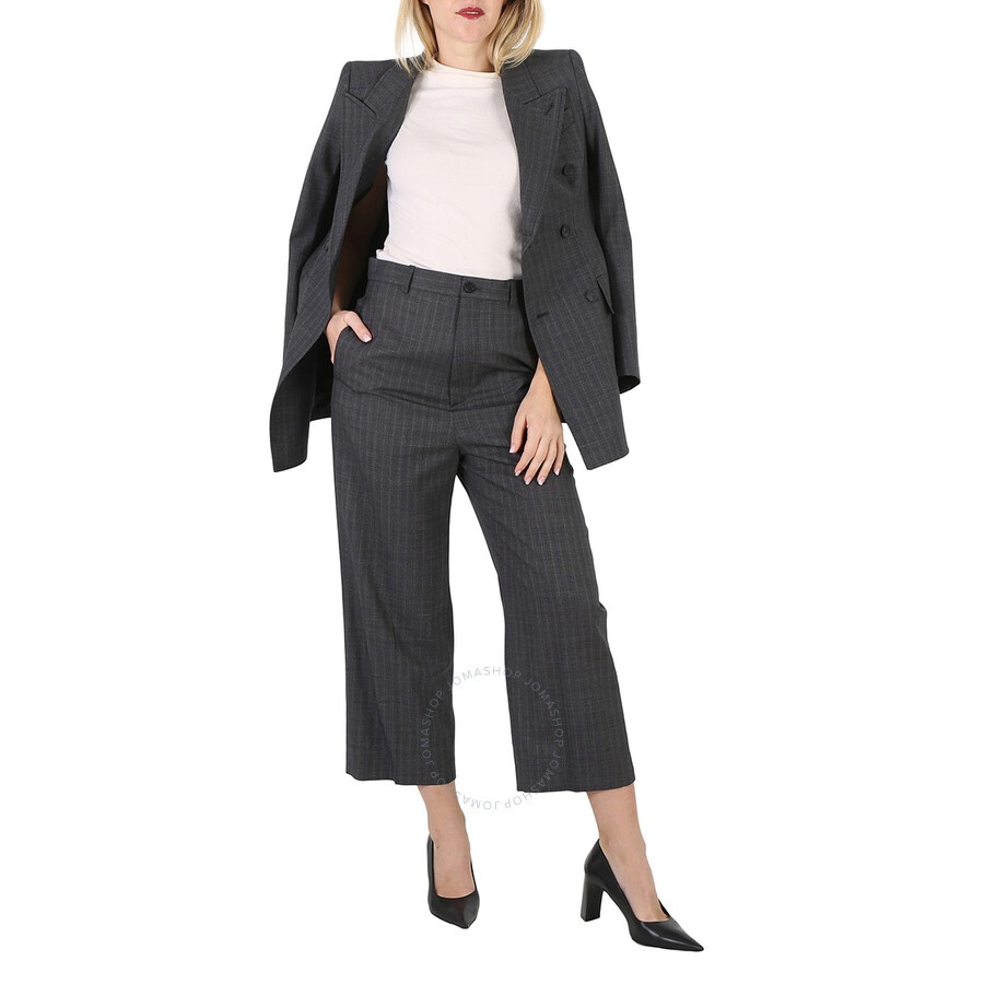 Balenciaga Ladies Grey Pinstripe Pattern Cropped Tailored Pants - 6