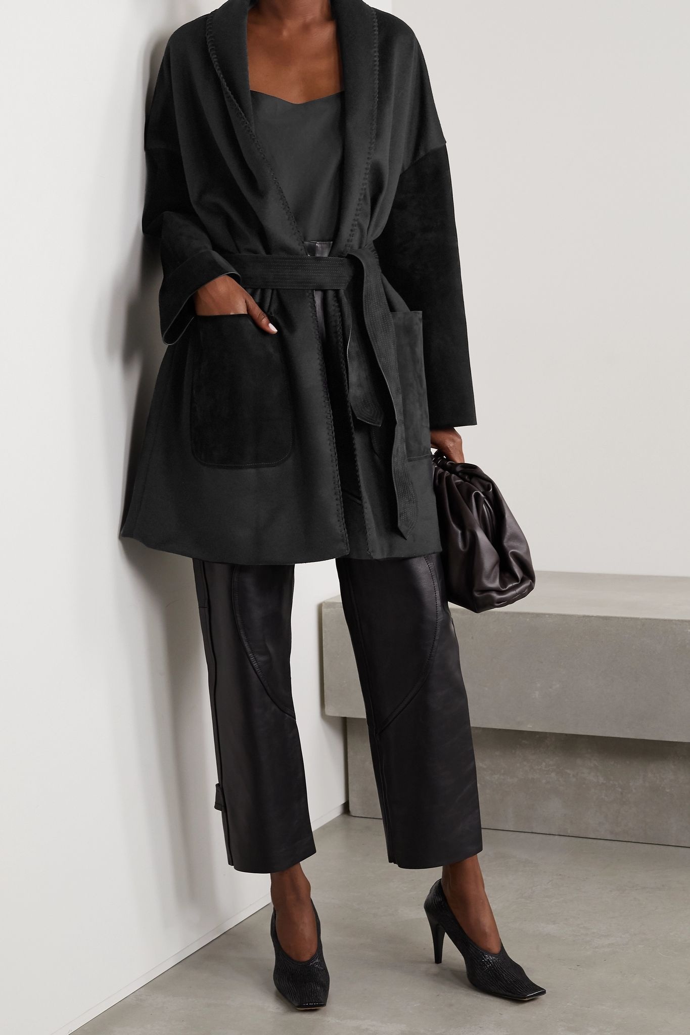 Oversized belted suede-paneled wool and cashmere-blend felt jacket - 2