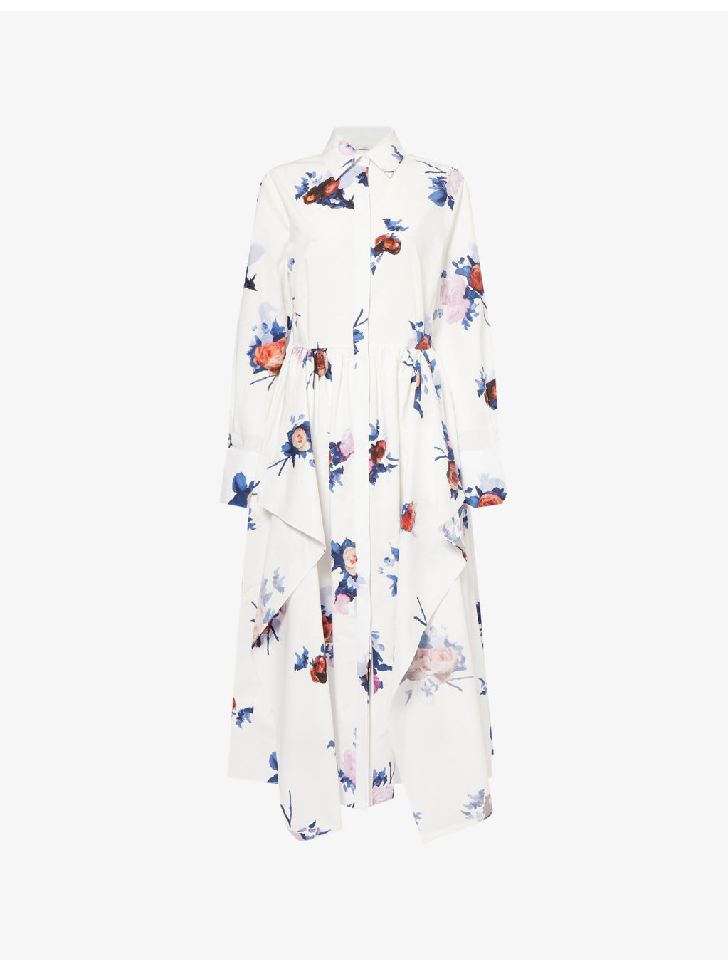 Floral-Print Long-Sleeve Cotton-Poplin Midi Shirt Dress - 1