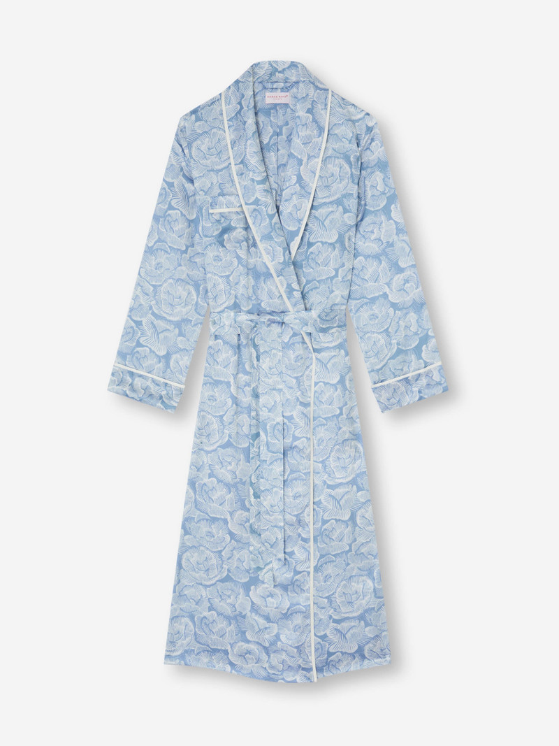 Women's Long Silk Robe Light Blue & White Rose Print 5