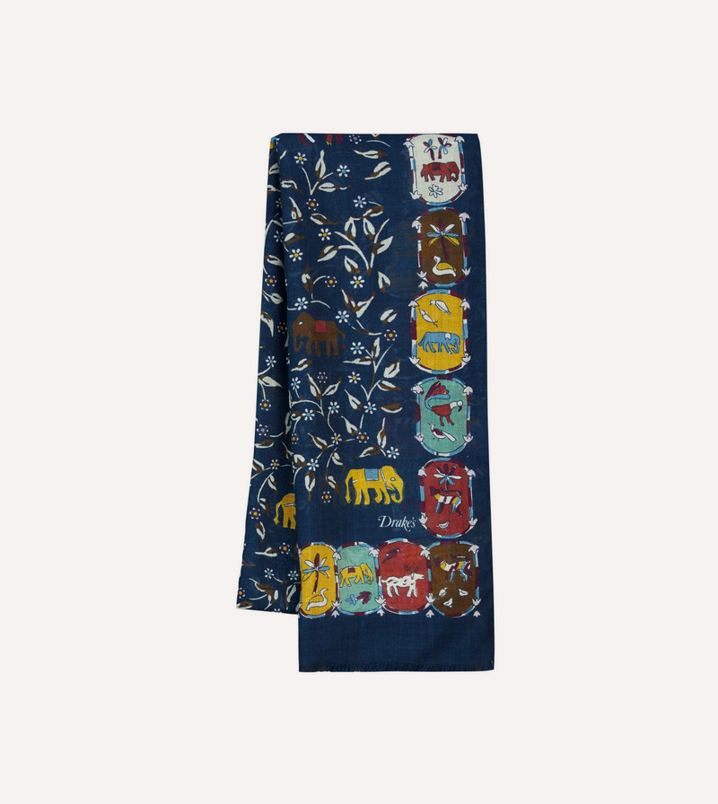 Navy Elephants and Flowers Print Wool-Silk Scarf 1