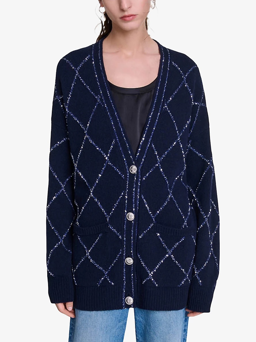 maje Sequin-embellishment longline wool-blend knitted cardigan