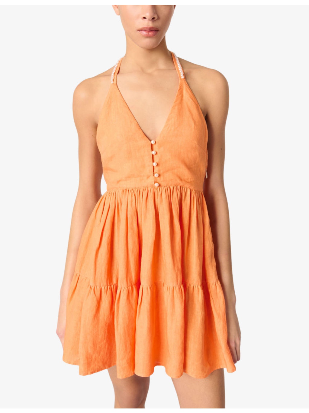 Pearl-Button Ruffle-Skirt Linen Mini Dress - 5