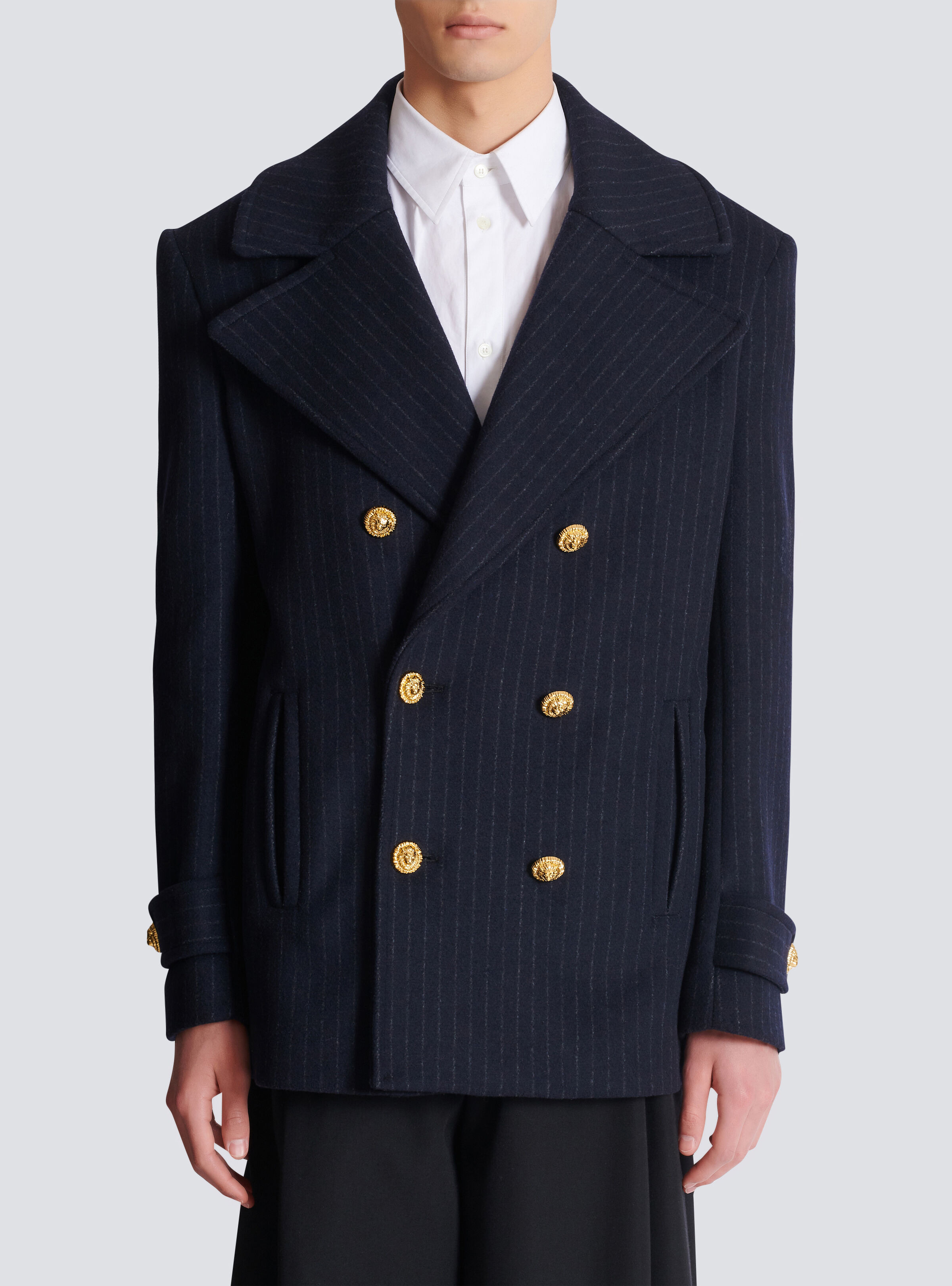 Short striped wool pea coat - 5
