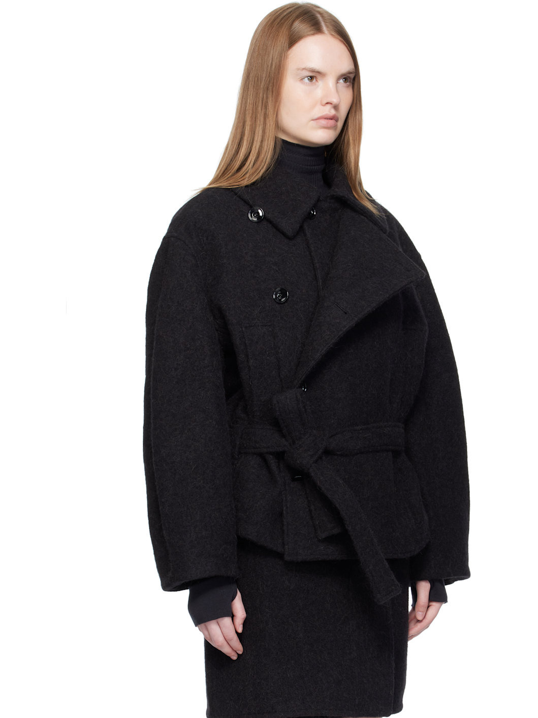 Black Short Asymmetrical Bathrobe Coat - 2