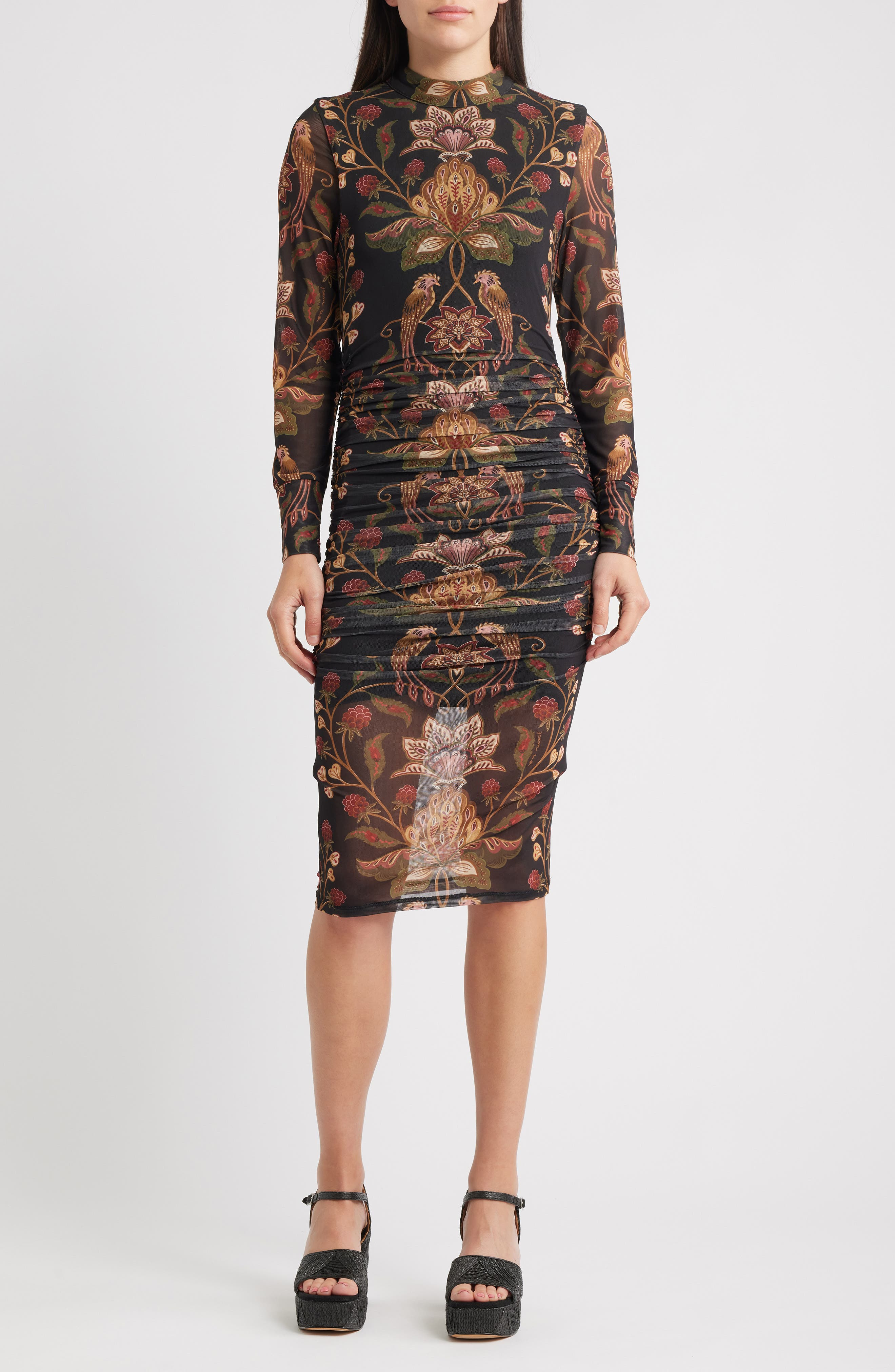 FARM Rio Berry Garden Long Sleeve Ruched Dress in Black at Nordstrom - 1