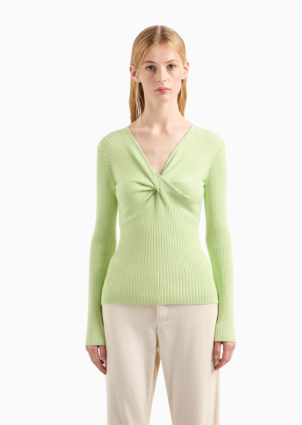 Link-stitch viscose-blend jumper with crossover V neckline - 2