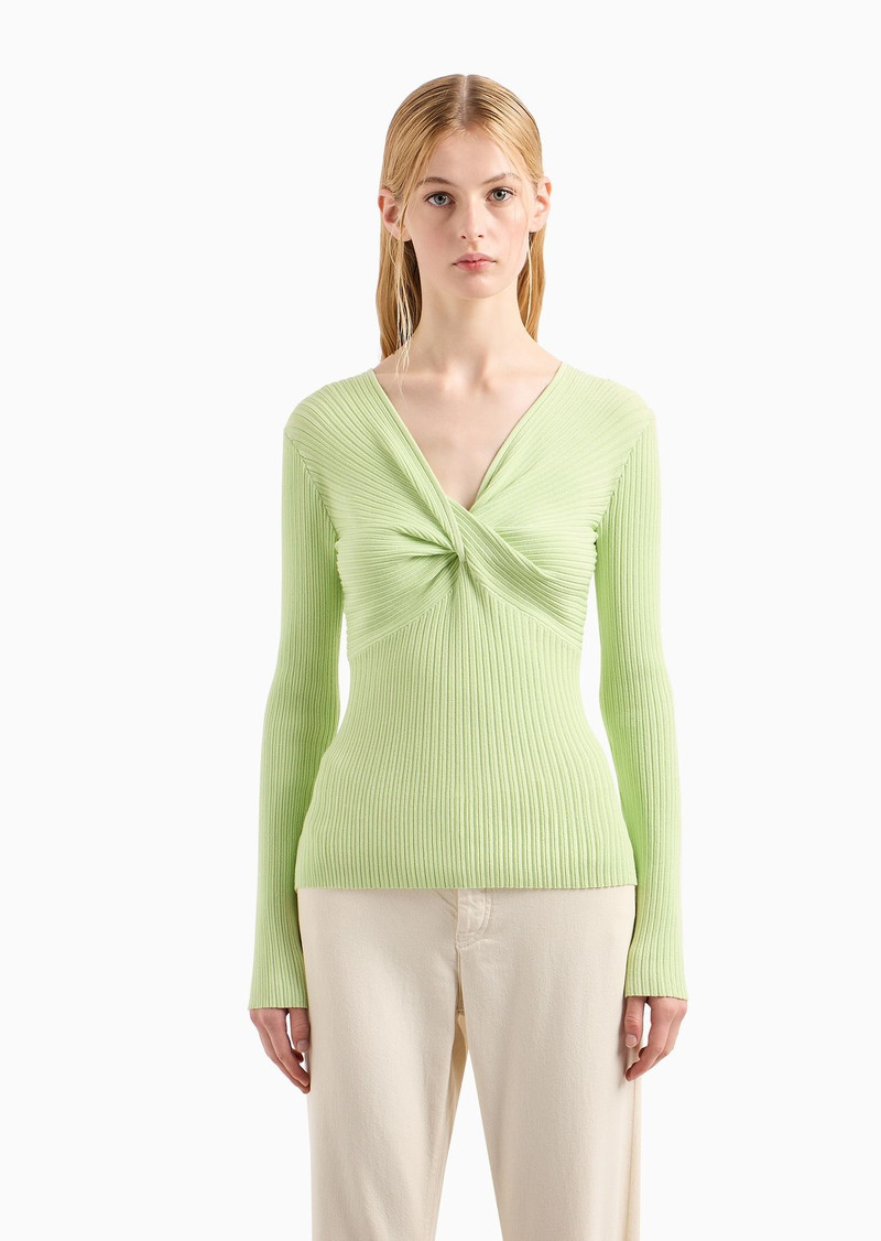 Link-stitch viscose-blend jumper with crossover V neckline 2